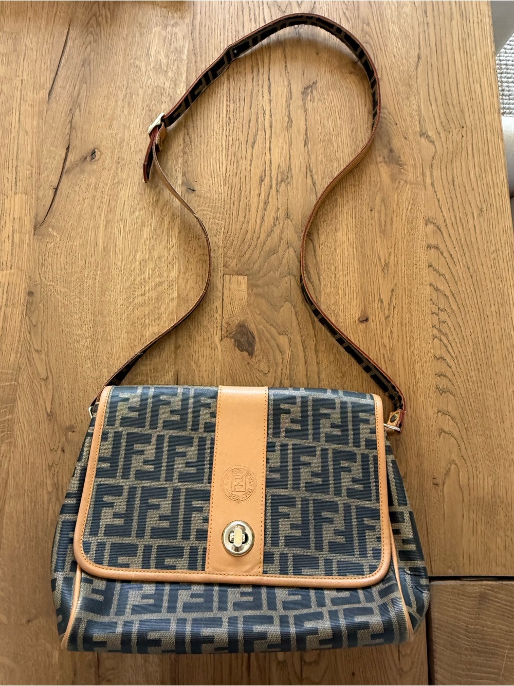 Fendi Blue FF Logo Shoulder Bag with Tan Leather Trim Medium Size